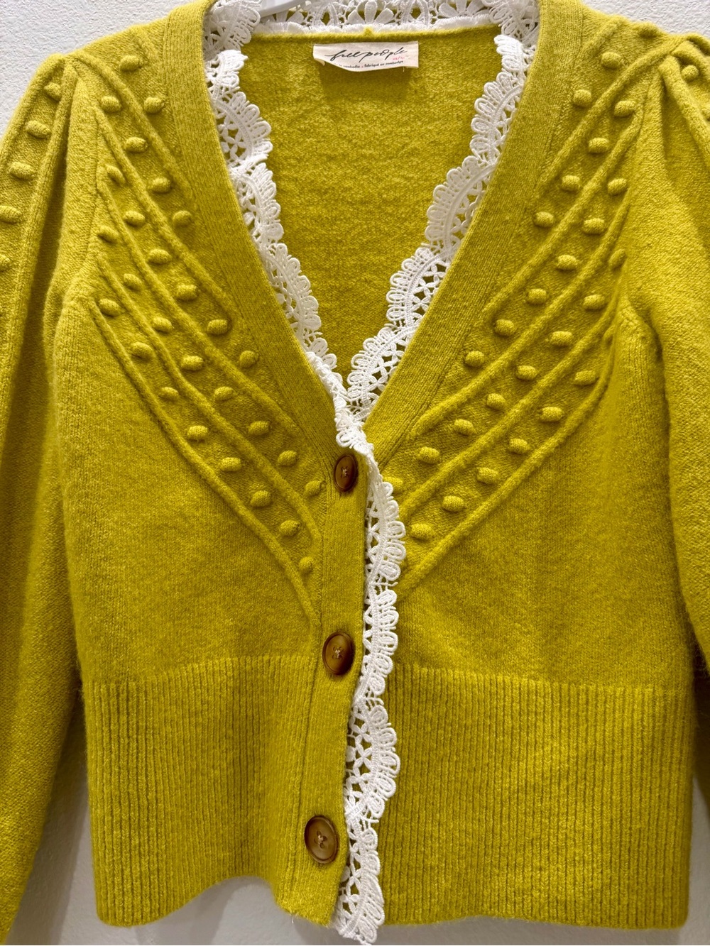 Free People Yellow-Green Lace Trim Bobble V-Neck Cardigan - Picture 3 of 5